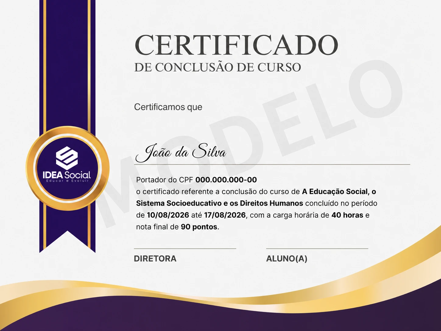 Modelo da frente do certificado do IDEA Social