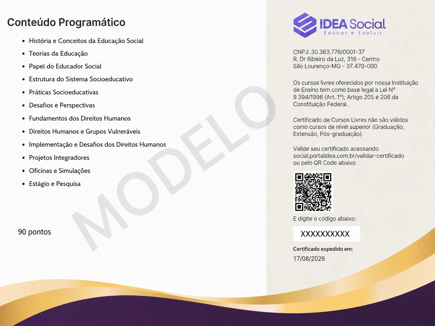 Modelo do verso do certificado do IDEA Social